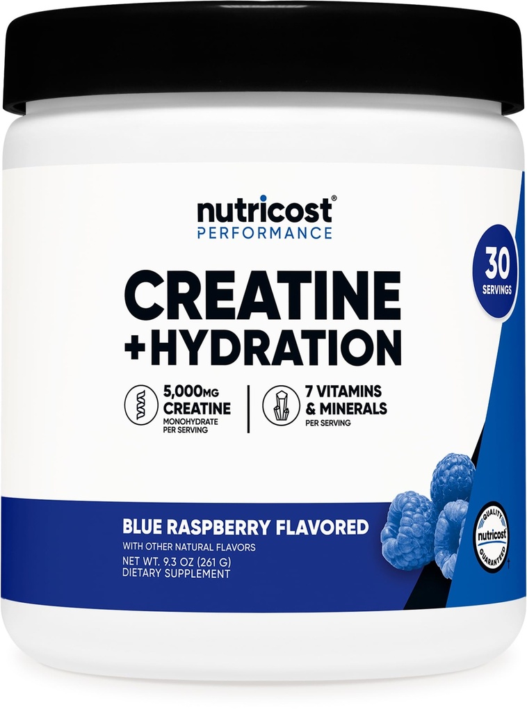 Nutricost Creatine Monohydrate + Hydration Blue Raspberry Flavored (30 Servings) - 7 Vitaminas & Minerales, 5000 mg de Creatine Por Serving