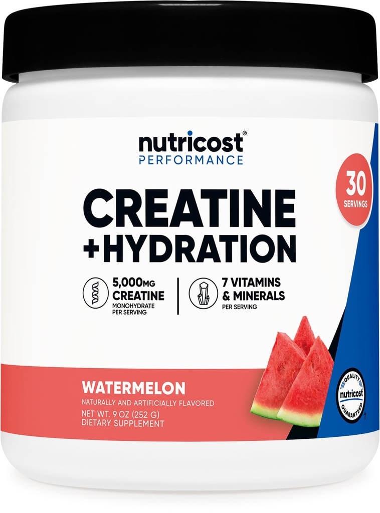 Nutricost Creatine Monohydrate + Hydration Watermelon Flavored (30 Servings) - 7 Vitaminas &amp; Minerales, 5000 mg de Creatine Por Serving