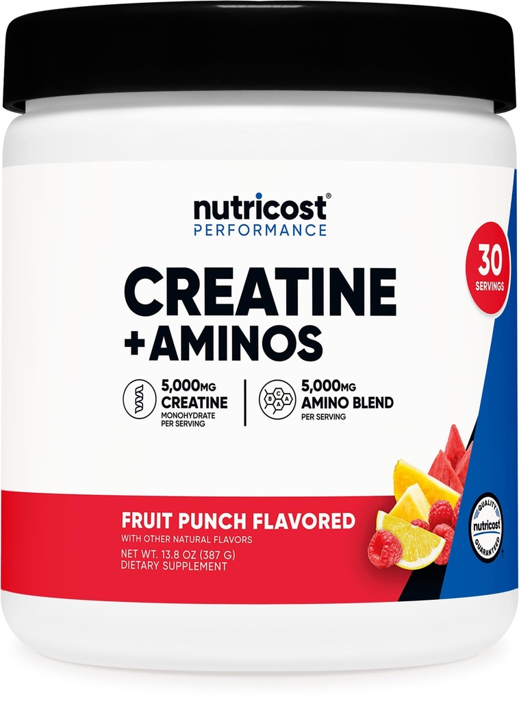 Nutricost Creatina + Aminos 30 Servings (Fruit Punch Flavored) - 5,000mg Cretine Monohydrate + 5000mg Amino BCAA Blend Por Serving
