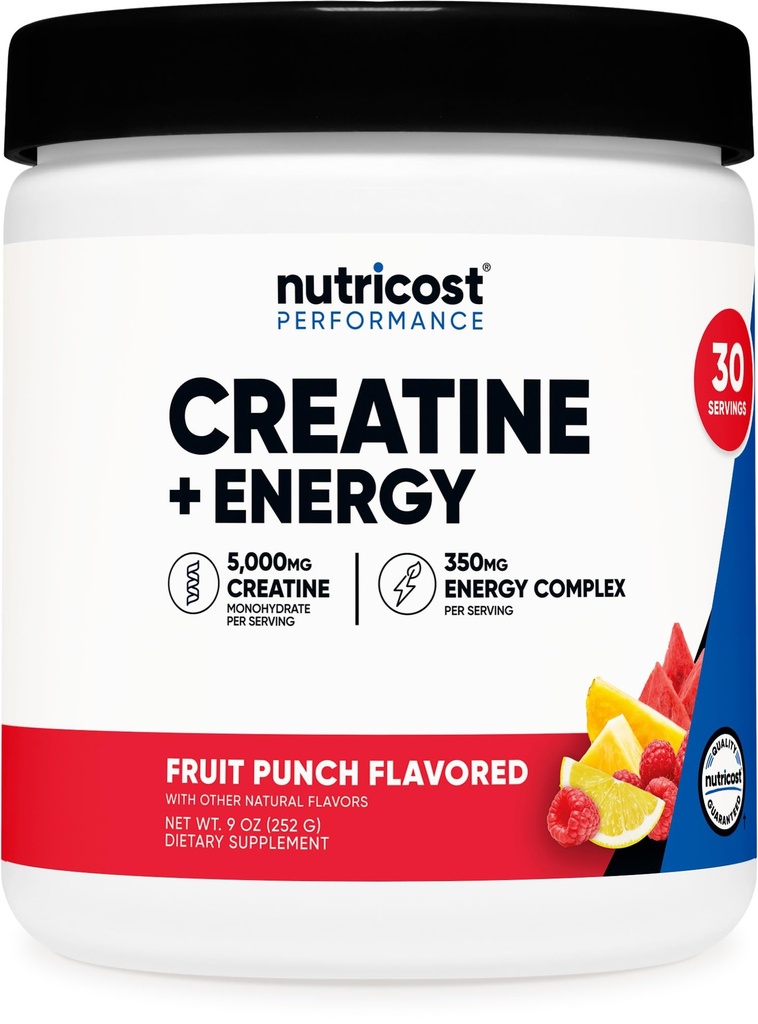 Nutricost Creatina + Energía 30 Serviciones (Fruit Punch Flavored) - 5,000mg Cretine Monohydrate + 350mg Complejo Energético Por Servir