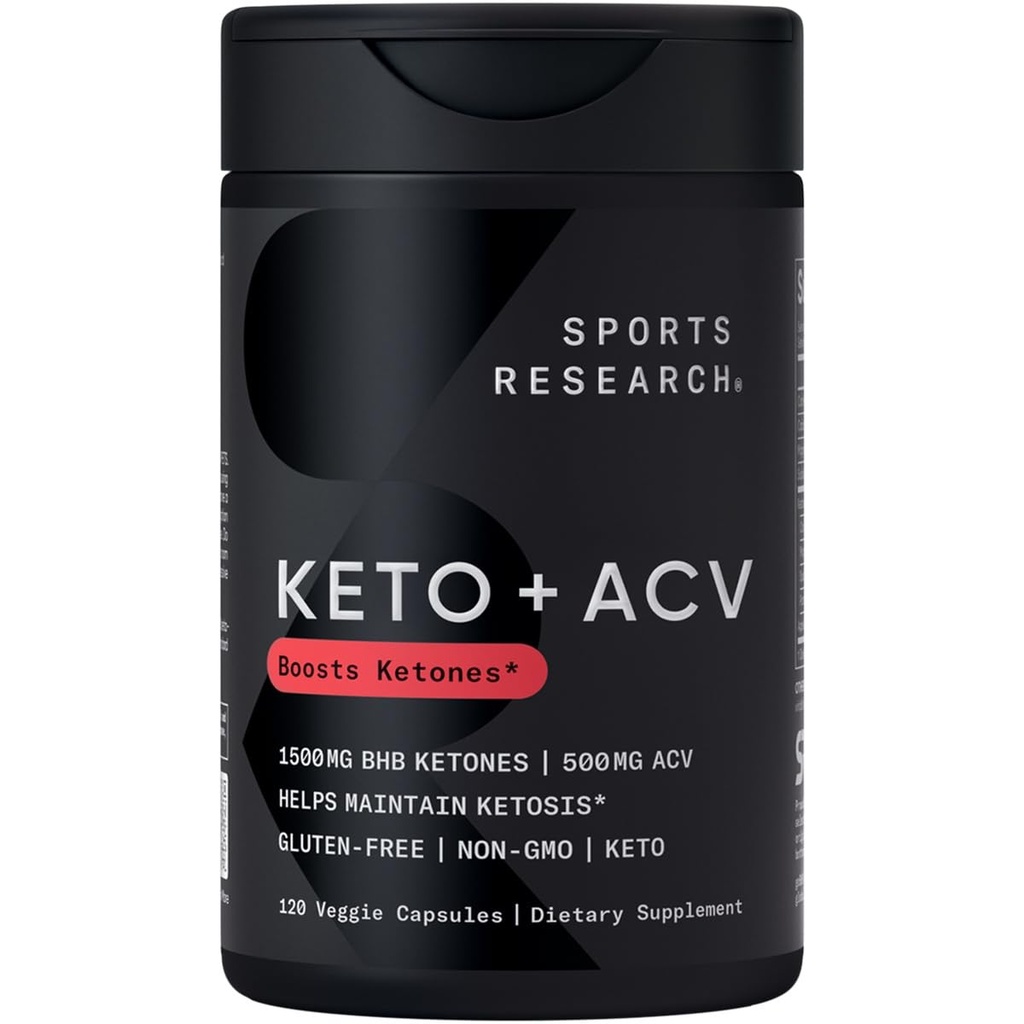 Sports Research® Keto Plus ACV Capsules - Asistencia dietética con 500 mg de vinagre de manzana &amp; 1500mg goBHB® Ketones exógenos - Gluten Gratis &amp; Keto Certified - 120 Veggie Capsules