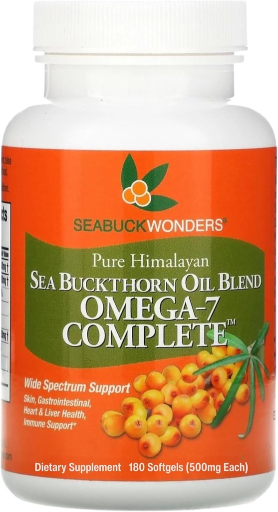 Óleo de Buckthorn de Mar Orgánico, Omega-7 Full Softgels, 180 Cuenta, con Omega 3, 6 & 9, admite el cabello, la piel & salud de uñas, 1000 mg por servicio