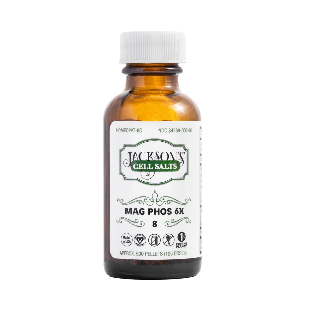 Jackson #8 Cell Salt Mag Phos 6X (500 Pellet Bottle) – Certified Vegan, Lactose-Free Schuessler Salt Magnesia Phosphorica 6X