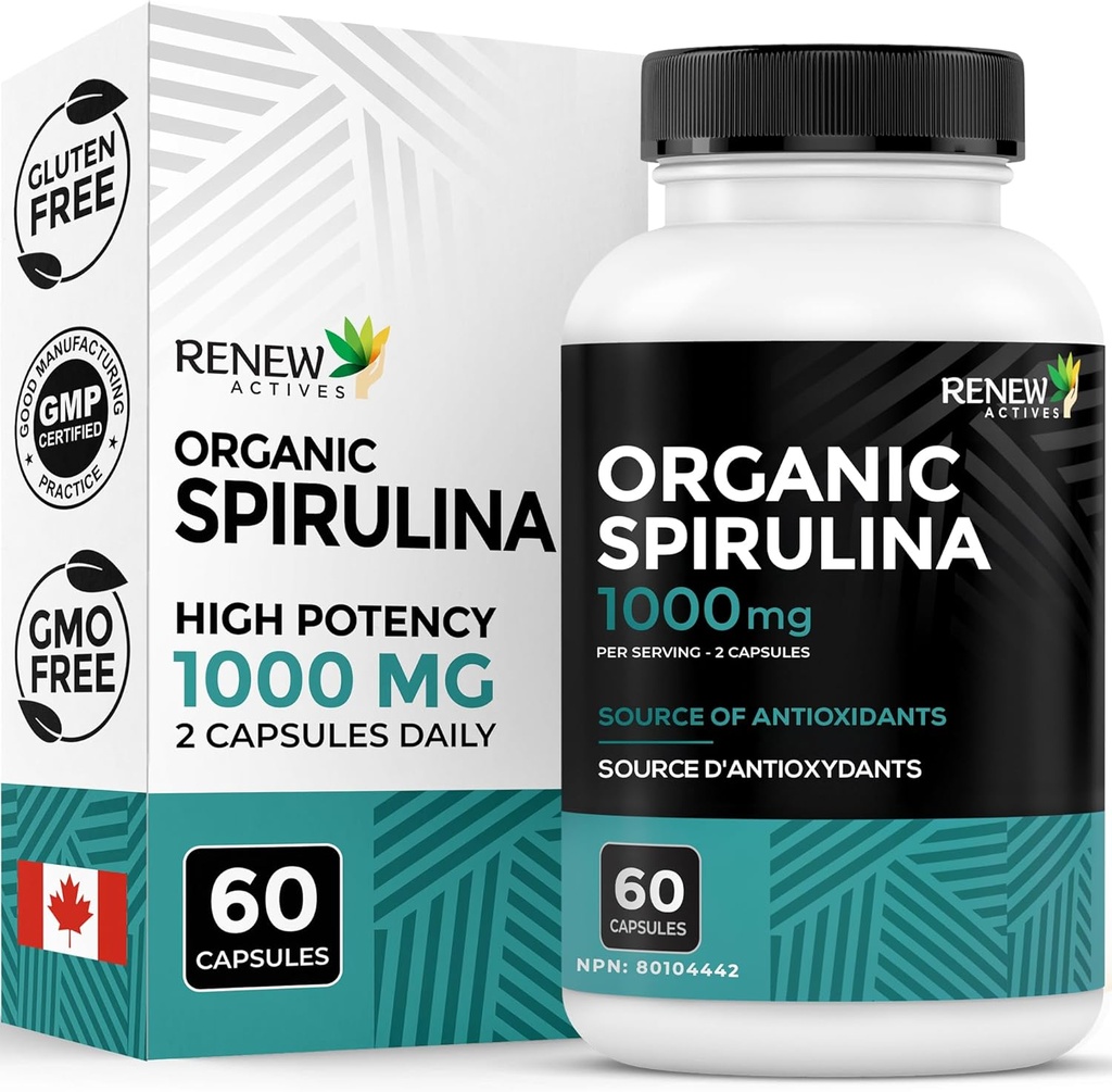 Renew Actives Organic Spirulina 1000MG per 2 Capsules – Superfood for Men & Women – Supports Energy, Wellness & Immune Function – Rich in Antioxidants & Nutrients – Made in Canada – 60 cápsulas