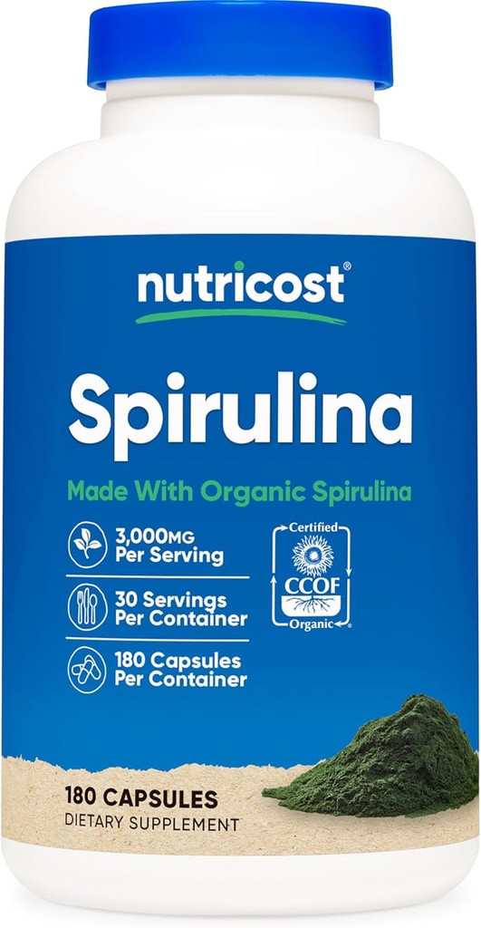 Nutricost Spirulina 3000mg, 180 cápsulas para 30 servicios - CCOF Certified Made with Organic Spirulina, Gluten Free, Vegetarian