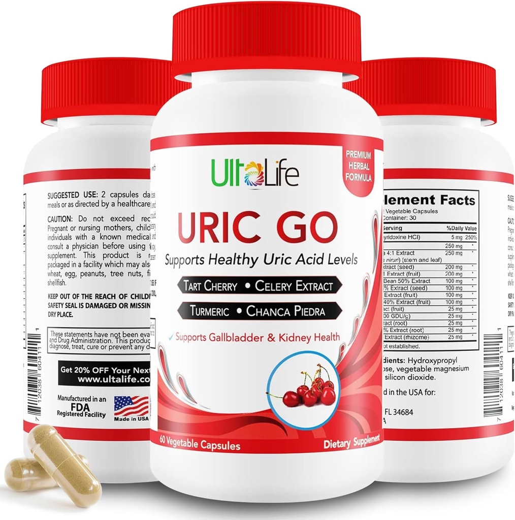 #1 URIC GO Uric Acid Cleanse Support Supplement for G.O.U.T - Natural Kidney Cleanse Detox Fórmula Chanca Piedra, Celery Seed, Tart Cherry, Cranberry, Pomegranate, Turmeric, Vegan Non-GMO 60 cápsulas