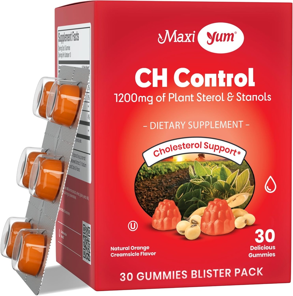 Maxi Health Cholesterol Gummies for Adults – 1200mg Plant Sterols and Stanols Suplementos – Kosher y Gluten Free Healthy Cholesterol Suplementos – Orange Flavor Gummies (30 Conde)