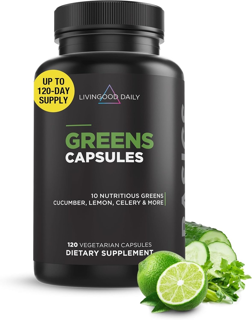 Livingood Daily Greens Capsules, Super Greens Suplemento con Spirulina, Clorella, Broccoli, Spinach, Celery, Lemon & More, Planta Basada en Digestión " Gut Health, Non GMO, Vegetarian, 120 Ct