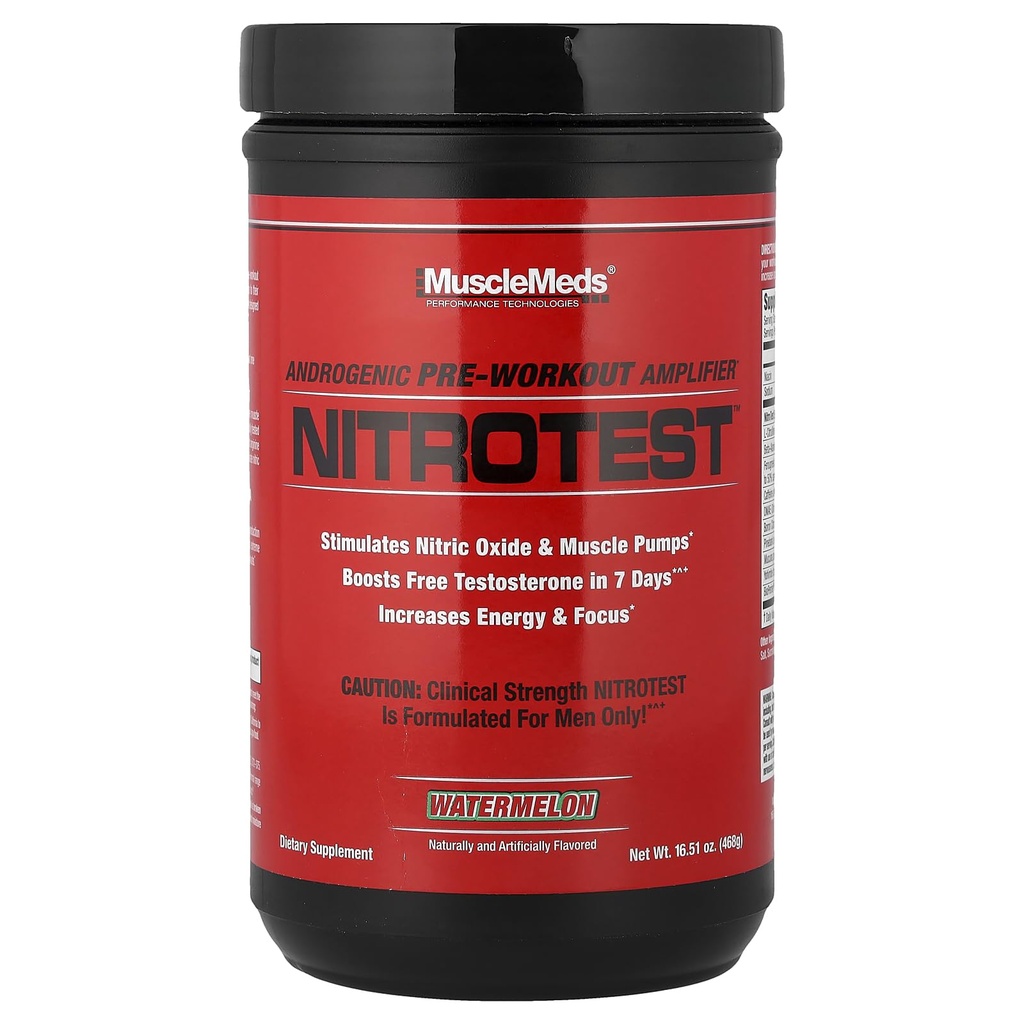 MuscleMeds Nitrotest Pre-Workout Supplement Drink, Boost Nitric Oxide, Testosterone, Watermelon, 30 Servings, 1.03 Libra, 1 Conde