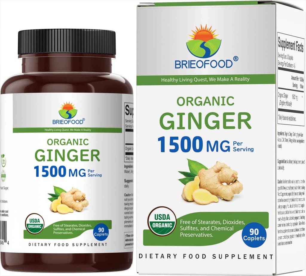 Brieofood Ginger orgánico 1500mg, 45 Servimientos, Vegetariano, Gluten Gratis, 90 Tabletas Vegetarianas