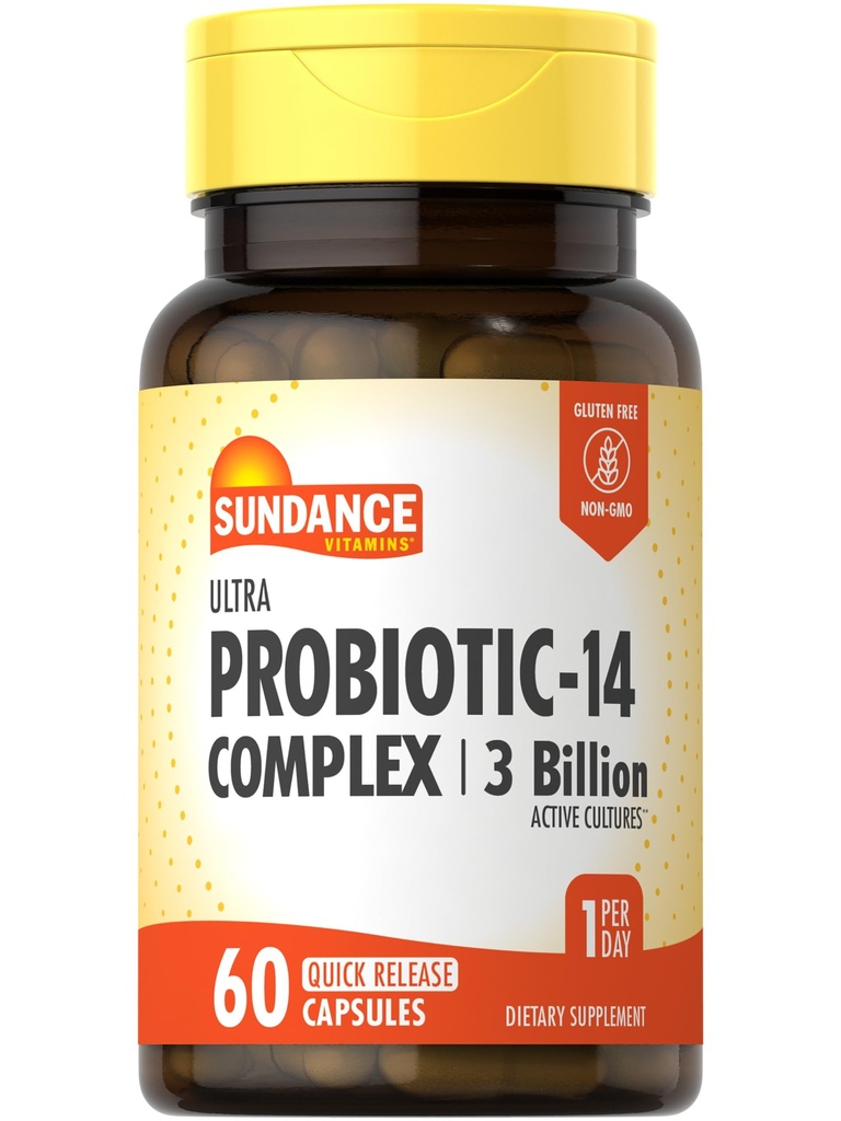 Sundance Probiótico-14 Complejo tención 3 Billion Culturas activas TEN 60 cápsulas TENIDO NO GMO Y Gluten Suplemento gratuito
