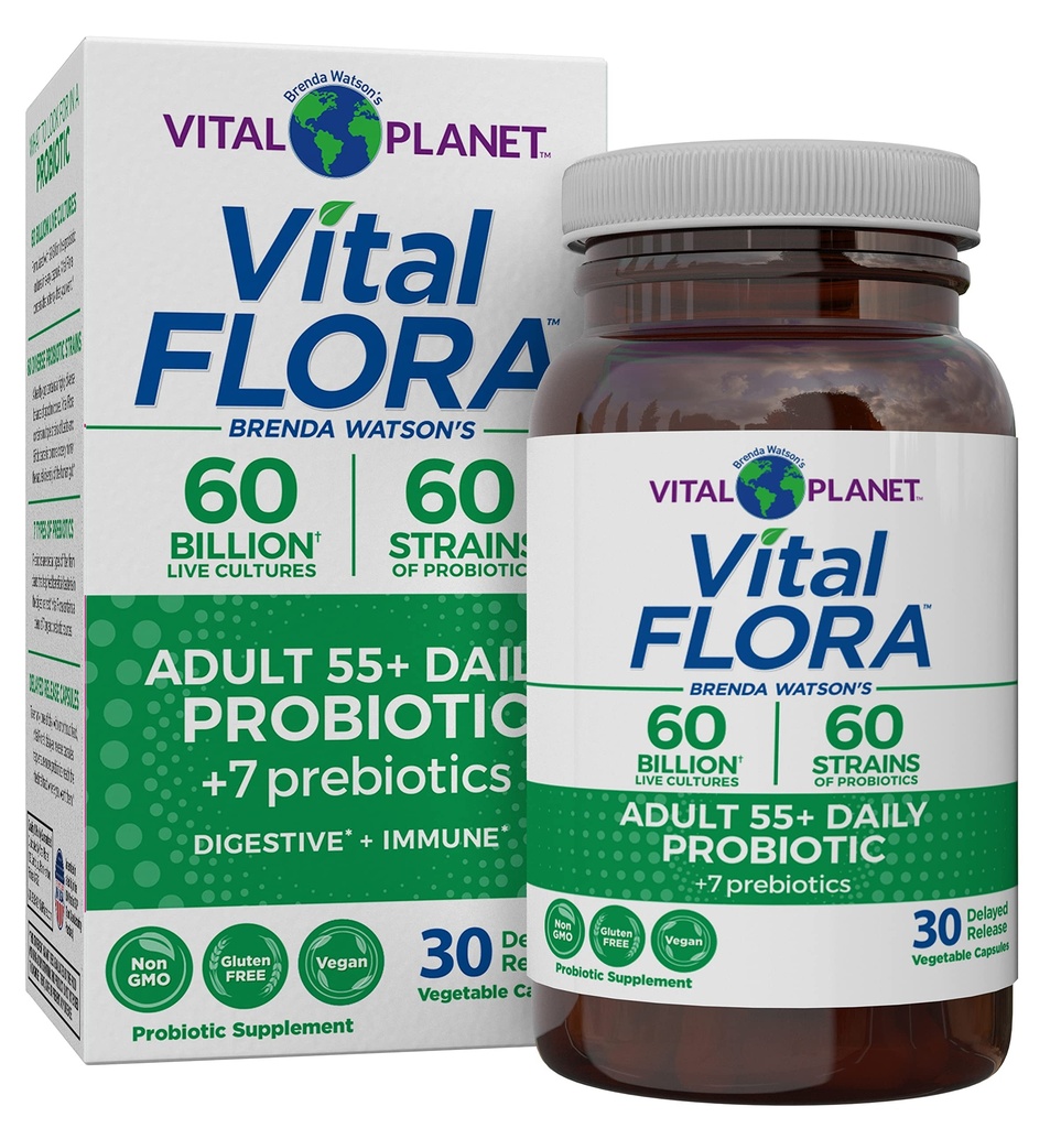 Planeta Vital - Vital Flora Adultos Más de 50 Probióticos diarios 60 Billones CFU, 60 Strains Diversos, 7 Prebióticos Orgánicos, Apoyo Inmunitario, Gas, Probióticos de Salud Digestiva para Mujeres y Hombres, 30 cápsulas