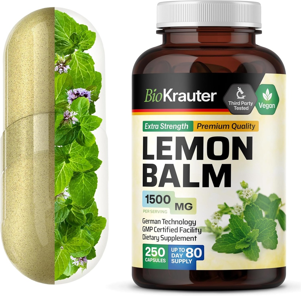 BIO KRAUTER Lemon Balm Capsules 1500 mg - 250 Conde - Vegan Melissa Herbal Suplemento - Natural Relax Apoyo - Lemon Balm Leaf
