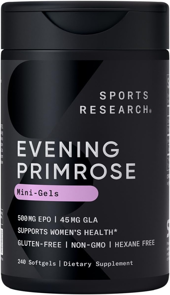 Sports Research Evening Primrose Oil (500mg) Cold-Presed with No fillers or Artificial Ingredients, Non-GMO Tested - Gluten & Soy Free (240 Liquid Softgels)