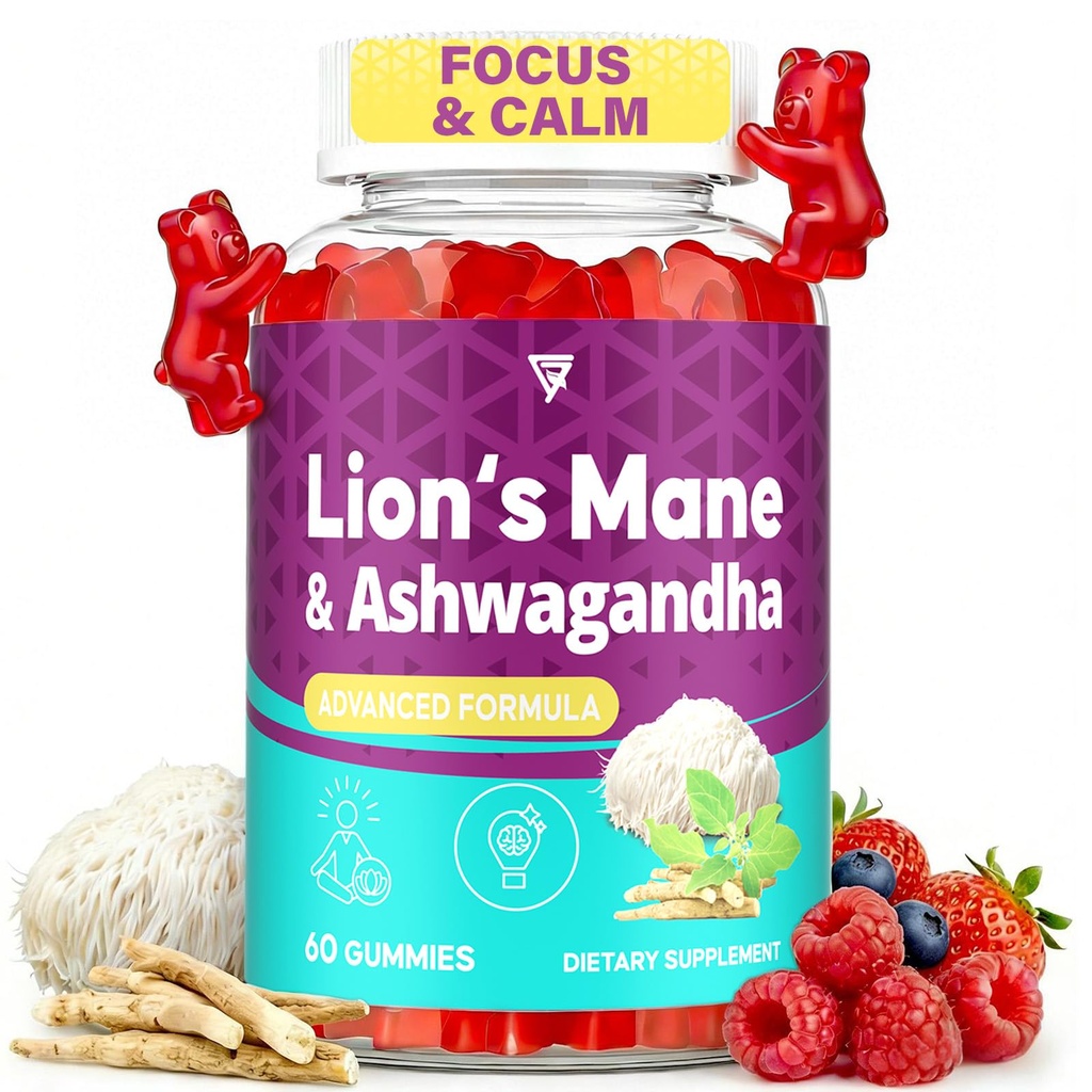 Organic Ashwagandha Gummies & Lions Mane Gummies with 4 Adaptogens| Brain Supplements for Memory and Focus, Stress, Energy, Immune, Sleep| Cortisol Supplements for Women & Men| Berry Flavor, 60 Counts