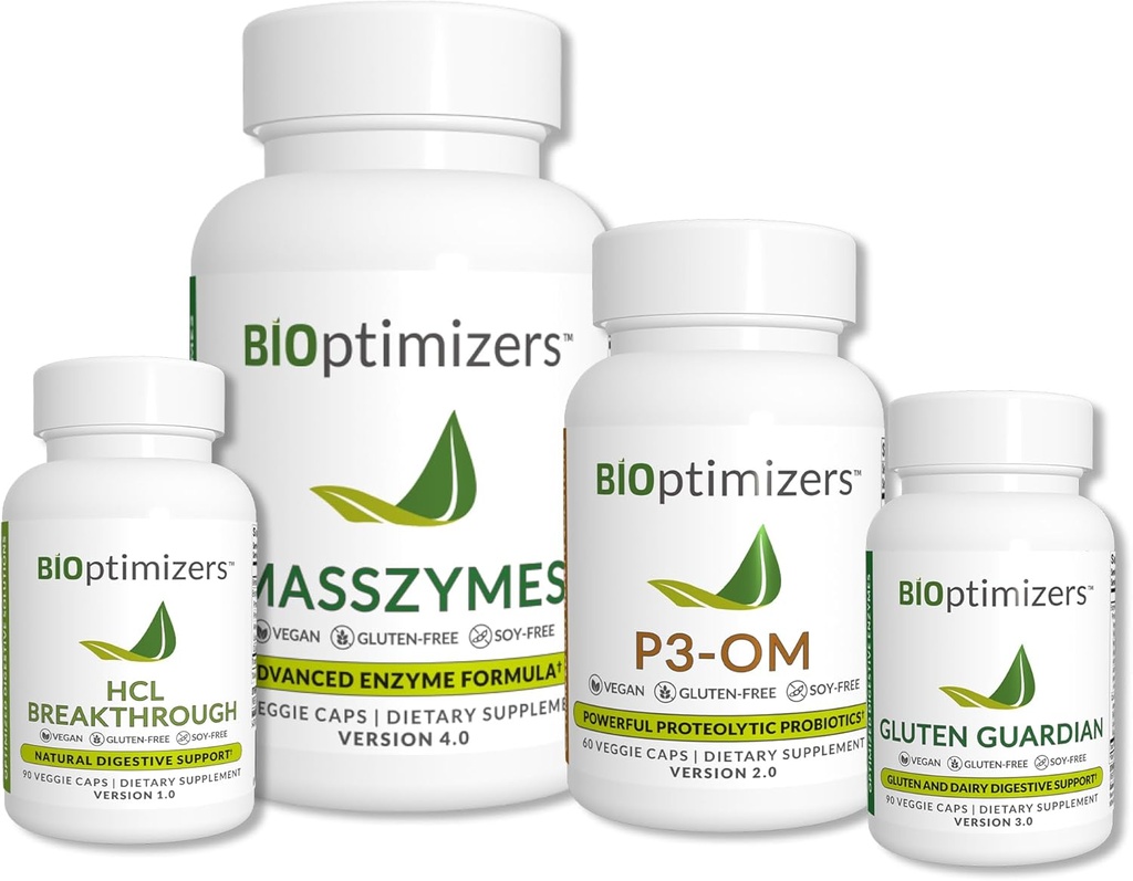 BiOptimizers - Esencial Digestive Enzymes Bundle - P3-OM - Gluten Guardian - MassZymes - HCL Breakthrough - Doctor-Formulated - 360 Capsules