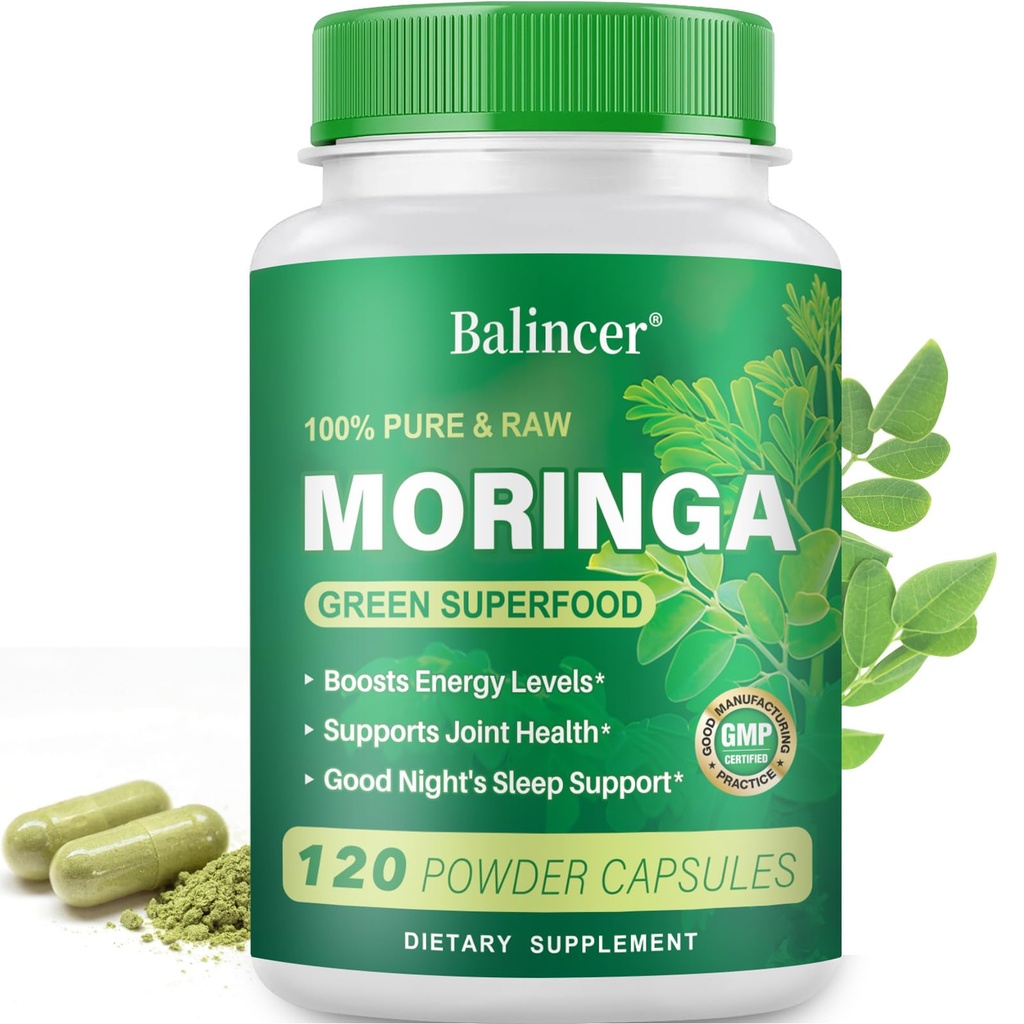 Moringa Capsules, Pure Moringa Leaf Powder Natural Green Antioxidant Superfood, High Potency Nutrient for Energy, Skin Health, Gut Health Supports, 120 Vegan Capsules
