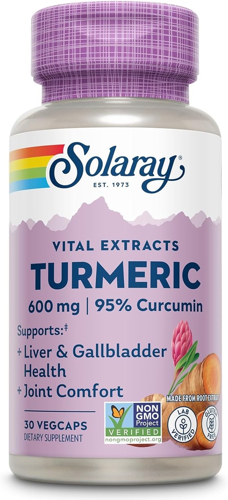 SOLARAY Suplemento Turmérico 600mg - Cuerda Turmérica con Curcumina 95% - Suplemento de Apoyo Conjunto - Salud Conjunta, Gallbladder y Liver Support, Non-GMO, Vegan, Gluten Free, 60-Day Guarantee, 30 Servings