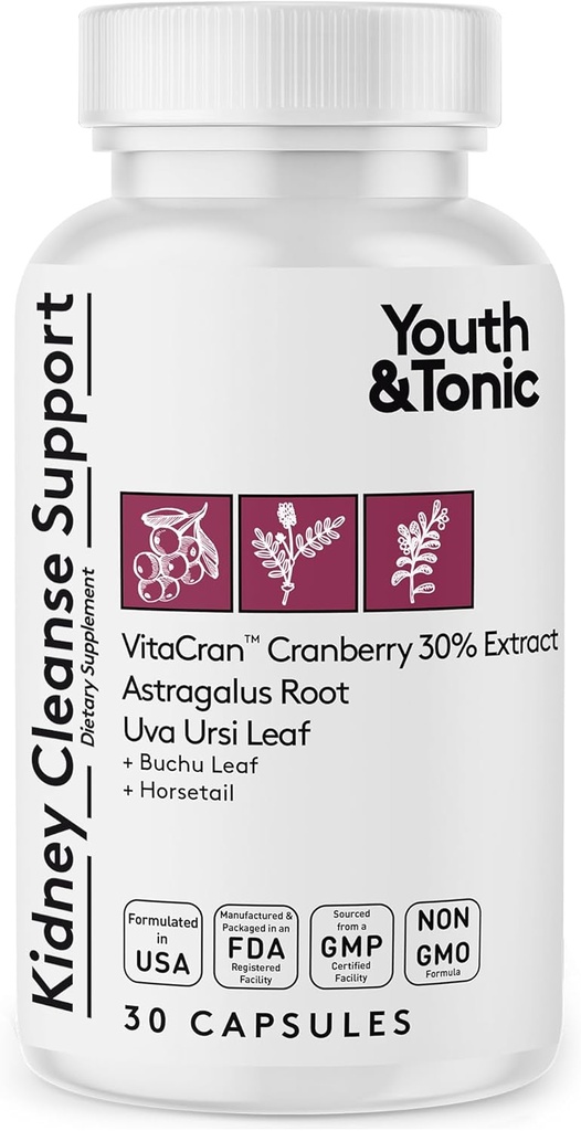 Youth ' Tonic Saneamiento del riñón " Suplemento desintoxicante con extracto de arándano - Apoyo a la salud del tracto urinario, la vejiga y el riñón - Vegan, no GMO - 30 píldoras vegetarianas