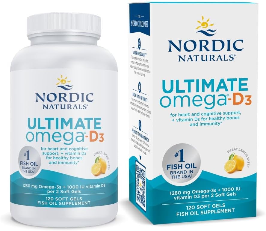 Nordic Naturals Ultimate Omega-D3, Lemon Flavor - 120 Soft Gels - 1280 mg Omega-3 + 1000 IU Vitamina D3 - EPA & DHA - Promueve Cerebro, Corazón, & Immune Health - 60 Servings