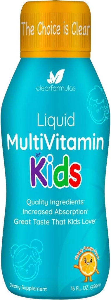 Multivitamina líquido de azúcar para niños - alta absorción Niños Multivitamina líquido con vitaminas Complejo A C D E & B Más Complejo de apoyo de Quercetin Immune - 3rd Parte probado - Orange Flavor (1 Mes)