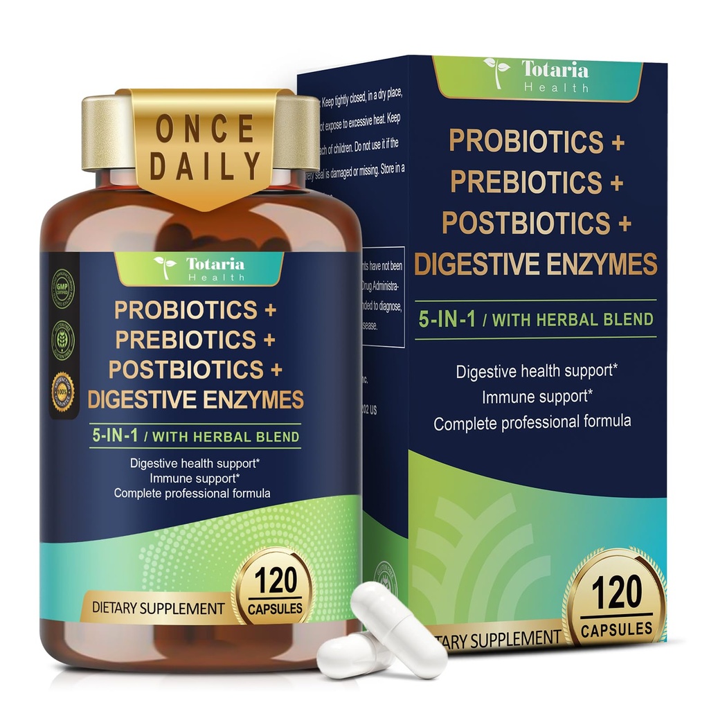 Totaria 5-en-1 60 Billones CFU Probiótico Prebiótico " Postbiótico para Mujeres " Hombres, w / Enzimas digestivas, deslizante Elm, diario completo salud del Gut, apoyo digestivo &amp; inmunológico, suministro de 4 meses, Vegan