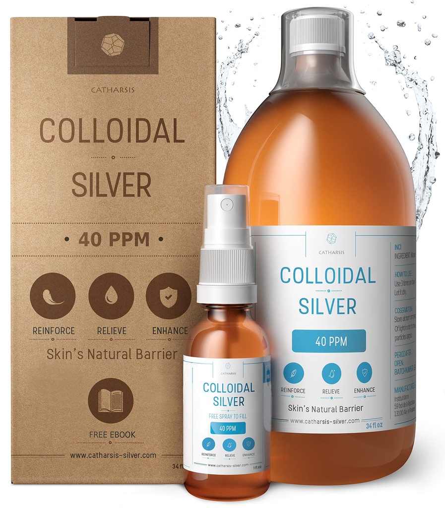 Plata Colloidal Premium ● Fórmula de Concentración Optimal, Partículas más pequeñas, mejores resultados ● Certificado de Laboratorio ● Plata Líquida Made in EU ● Botella de Spray Gratis para Llenar &amp; Ebook (34 fl oz)