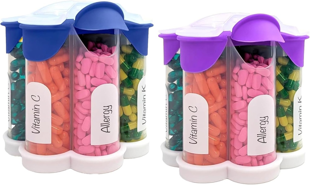 Organizador de píldoras extra grande diario, semanal, suplemento mensual botella, dispensador de píldoras lindo Blossom con 7 compartimentos XL (2 Pack Combo) (Dark Blue y Purple)