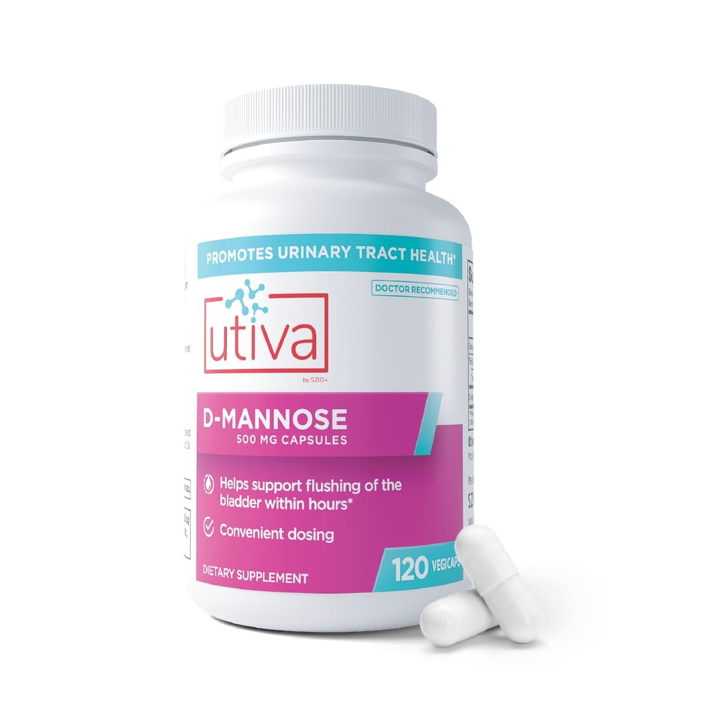Szio+ Utiva D-Mannose 500mg Capsules – Naturalmente Flush La vejiga y el tracto urinario – Evitación UTI – D Mannose Suplementos para Mujeres – Apoya Tratamientos de Infección de Tracto urinario, 120 cápsulas