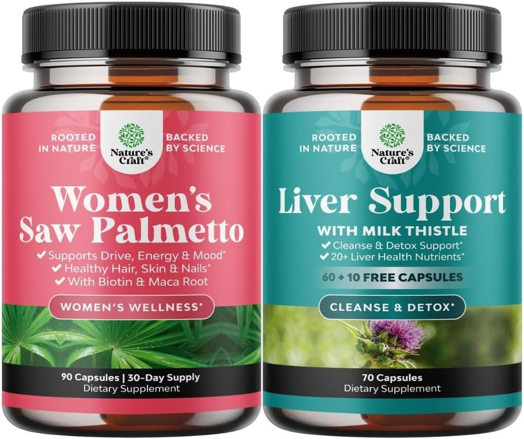 Bundle of Extra Strength Saw Palmetto for Women and Liver Cleanse Detox & Repair Formula - DHT Blocker Thickening Hair Vitamins for Hair Loss for Women - Silymarin Milk Thistle Liver Detox 70 Capsules