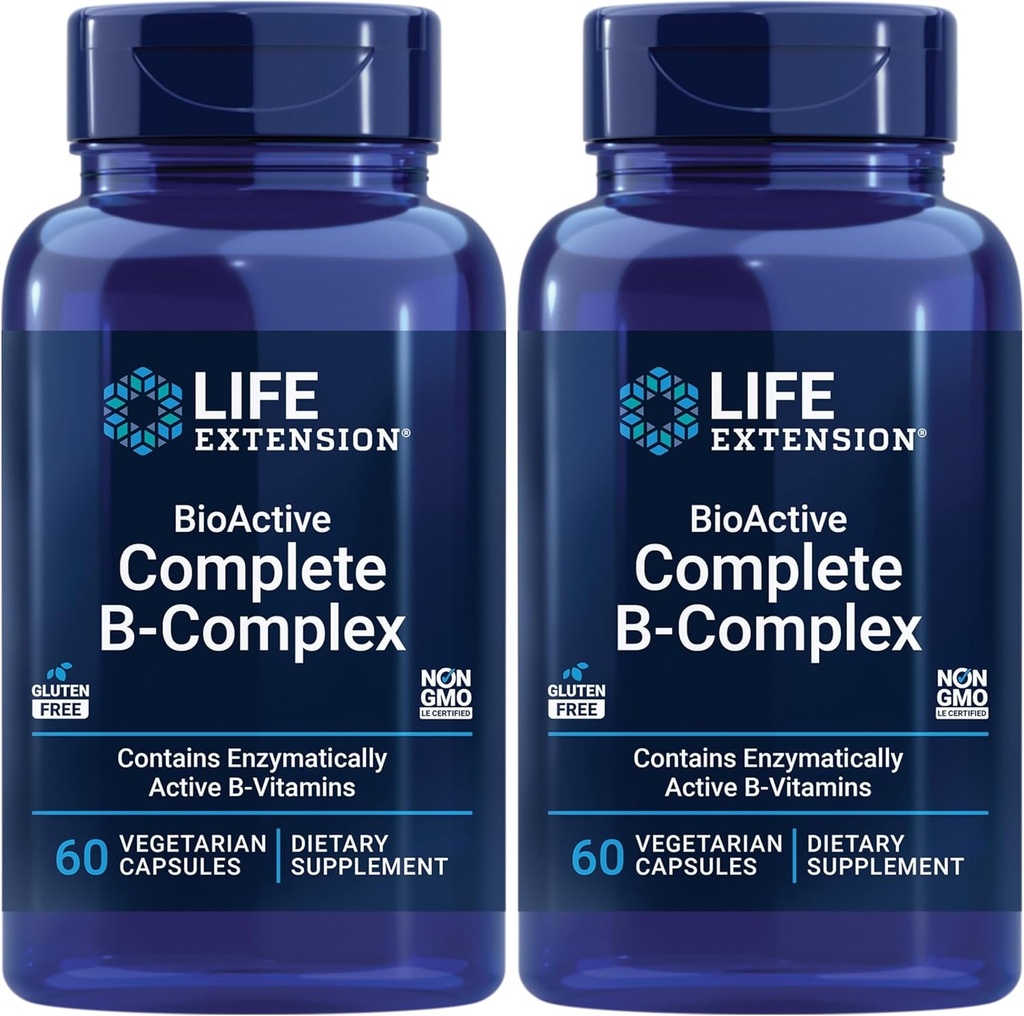 Extensión de vida Bioactive Complejo B, Corazón, Cerebro y Nerve Soporte, Energía sana, metabolismo, Complejo B completo, 60 cápsulas vegetarianas (Pack of 2)