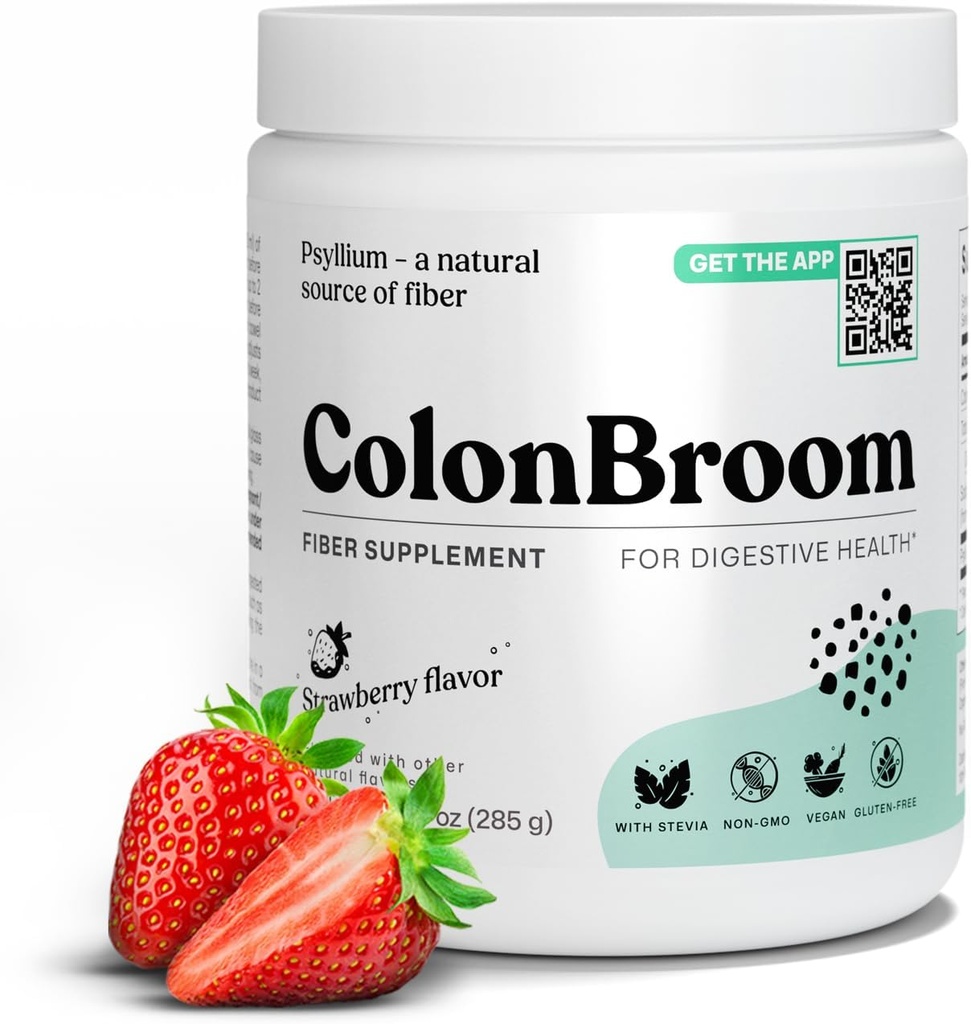 ColonBroom Psyllium Husk Powder (Strawberry) - Colon Cleanse for Bloating Relief " Gut Health - Colon Broom Fiber Powder Drink - Vegan, Gluten Free, Non-GMO Fiber Powder Suplemento, 50 Servimientos