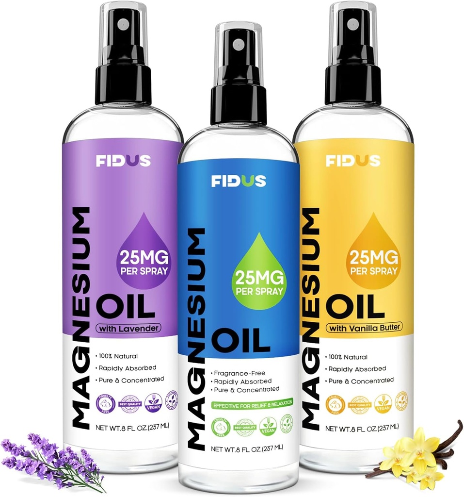 Fidus 100% puro Magnesio Óleo Spray - Big 8 fl oz Clorida de Magnesio Topical para pies, Orgánica de Magnesio Natural de la antigua Zechstein Siete Minerales de los Fondos Marinos