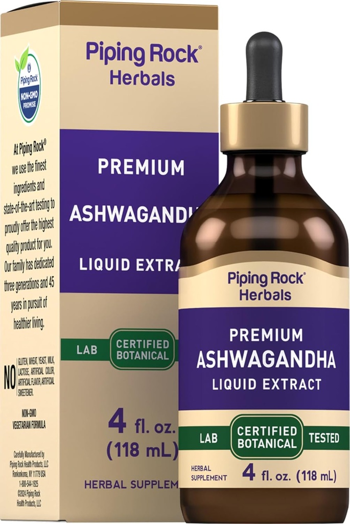 Piping Rock Ashwagandha Líquido gotas Ø 4 fl oz ANTE Premium Herbal Root Extract  sometida Alcohol Free Tincture Silencio Vegetarian, Non-GMO, Gluten Free Supplement