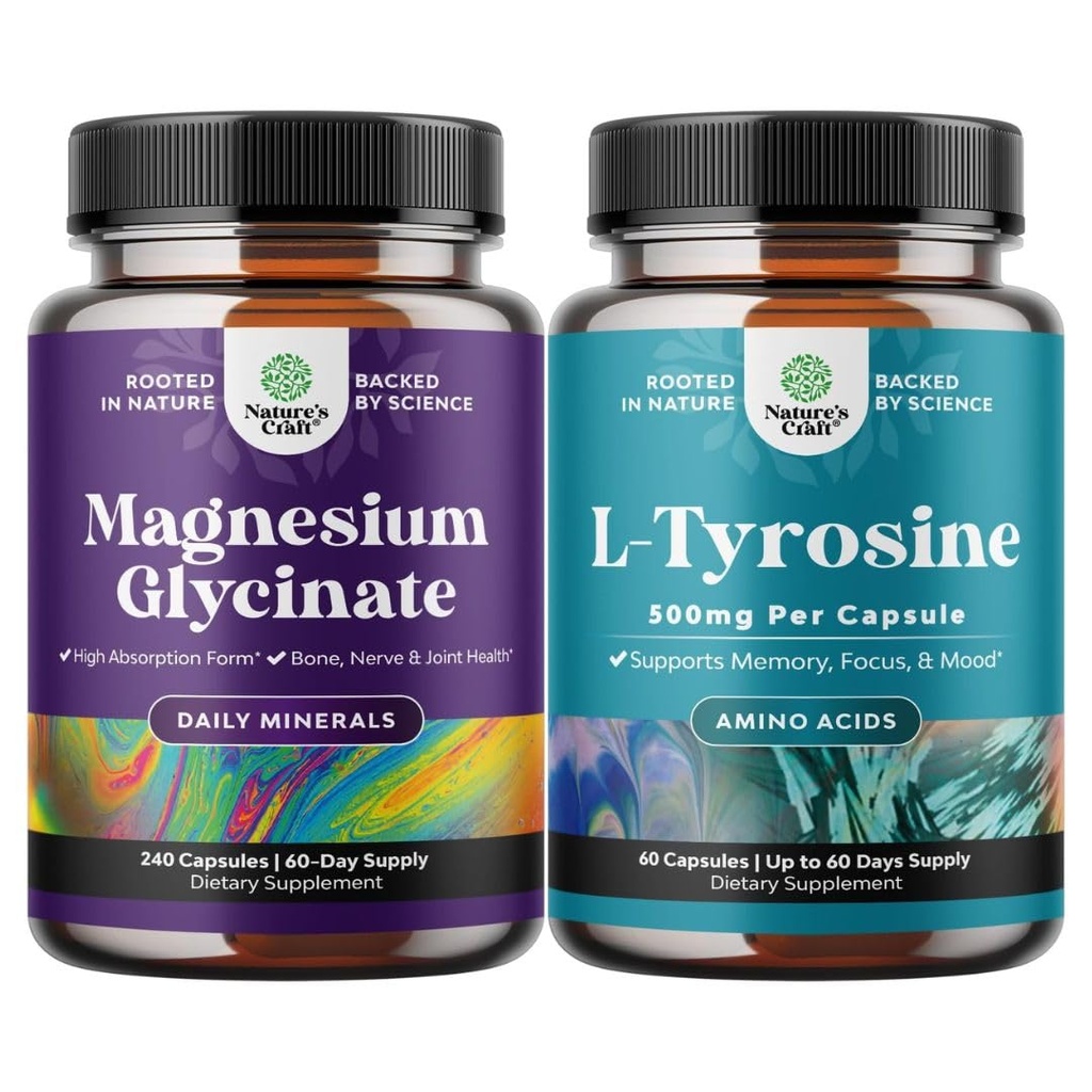 Bundle of High Absorption Magnesium Glycinate Capsules for Calming Sleep Plus Muscle Bone &amp; Nerve Support and Free Form L Tyrosine 500mg Capsules for Mental Energy and Focus Support