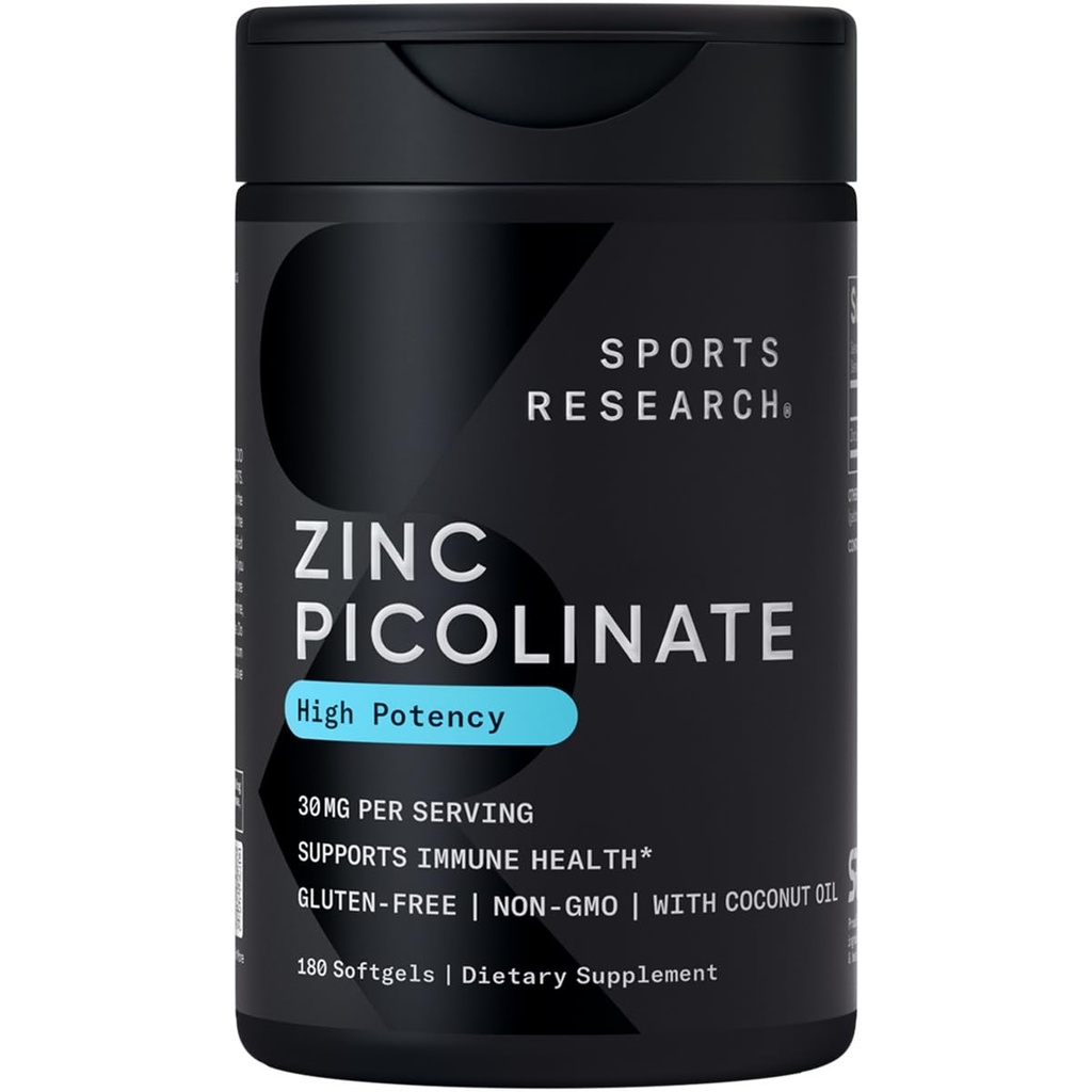 Sports Research High Potency Zinc Picolinate 30mg con aceite de coco orgánico TENIDO Altamente Absorbable Zinc Suplemento para la función de inzyme saludable - No GMO Tested &amp; Gluten-Free (180 Softgels líquidos)