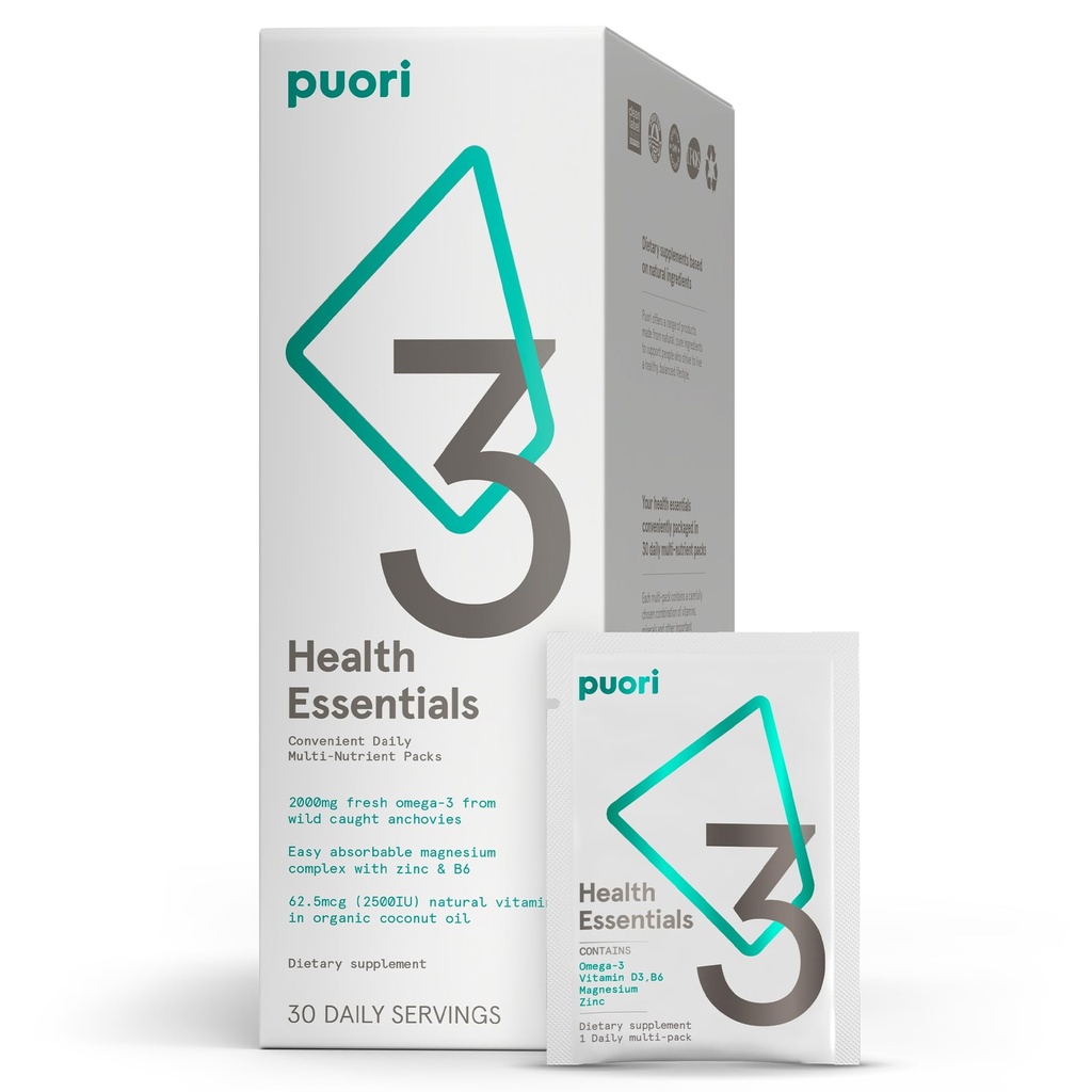 Puori P3 Health Essentials - Multivitamínico para Hombres y Mujeres - 30 Servings - Omega 3, Vitamina D, Magnesio, Zinc - Multi-Nutrient for Brains and Energy