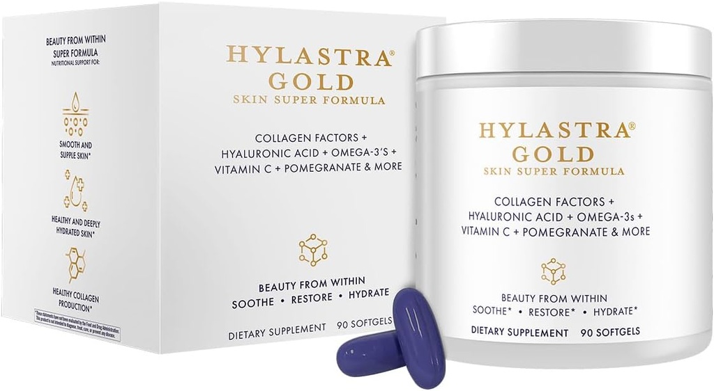 Productos de pureza Hylastra Gold Softgels Collagen + Ácido hialurónico + Belleza Boosting Powerhouse Ingredientes - Aumento de la hidratación de la piel " Elasticidad - reduce las líneas finas " arrugas - 90 Softgels