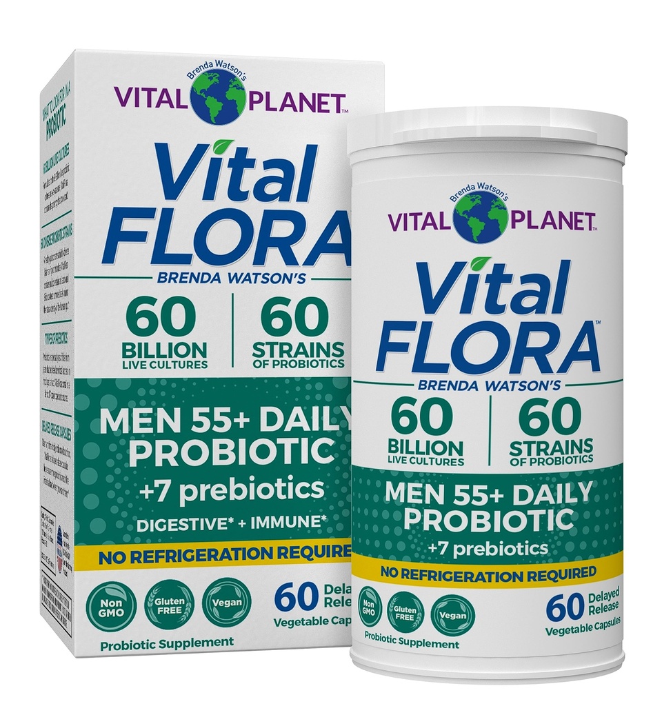 Vital Planet - Vital Flora Hombres Más de 55 Probióticos diarios, 60 Billones CFU, Diversos Estrados, Prebióticos orgánicos, Apoyo Inmunitario, Estante de Salud Digestivo Probióticos estables para Hombres, 60 cápsulas
