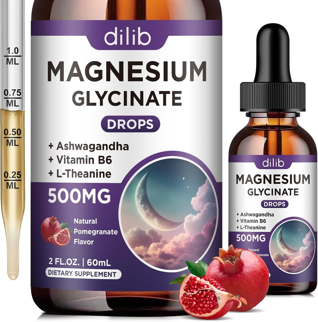 Magnesio Glycinate Liquid Drops 500mg, con vitamina B6, Ashwagandha, L - Theanine, Chamomile, Magnesium Glycinate Suplemento Alta Absorción para el sueño, estrés, energía, mood - sabor granada
