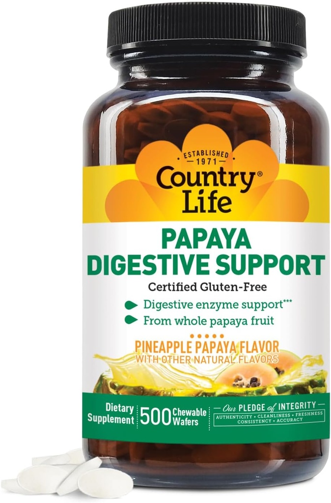 País Vida Chewable Papaya Enzymes for Digestion Support - Natural Pineapple & Papaya Flavor, Assists with Nutrient Absorption, Contains Papain " Protease - 200 and 500 Wafers Available