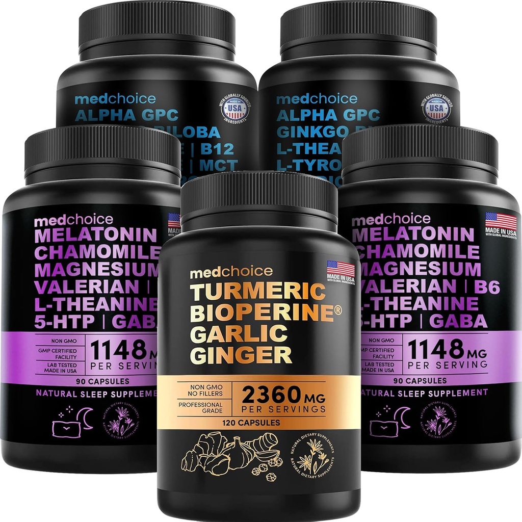MEDCHOICE Turmeric " Ginger (120ct), Sleep Melatonin (180ct), and Nootropic Brain (120ct) Suplemento Bundle - Wellness Trio for Brain, Sleep, & Immune Support - Vegan, Non-GMO, Gluten-Free