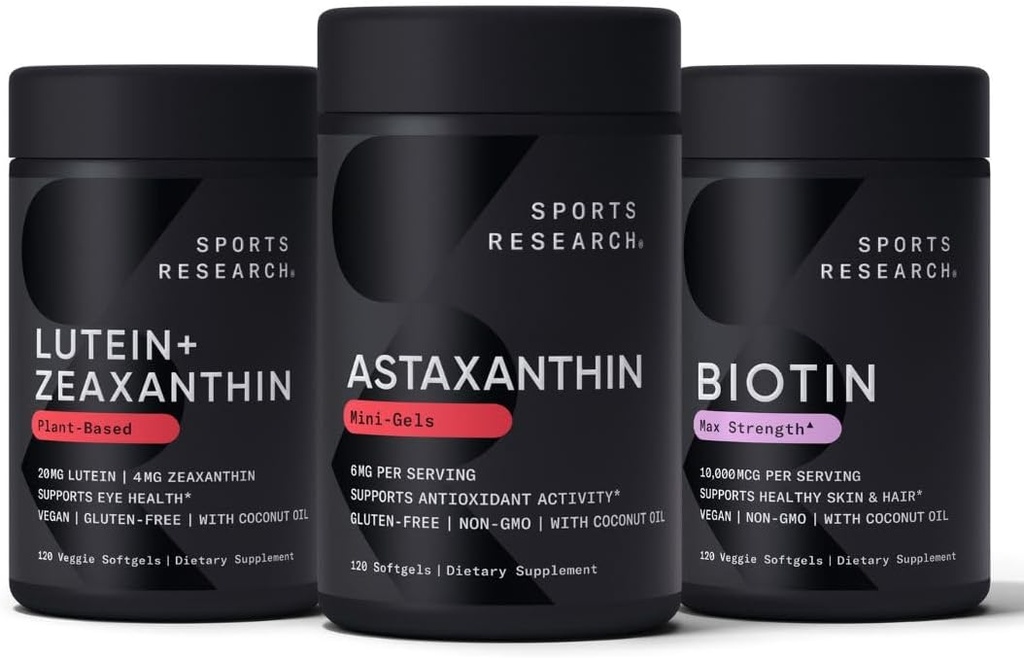 Investigación Deportiva Biotina (B7) 10,000mcg + Lutein + Zeaxanthin (20mg) + Suplemento de Astaxanthin de Algae (6mg) - All Vegan peru 120 Softgels Cada ¦ Todo Hecho con aceite de coco para una mejor absorción