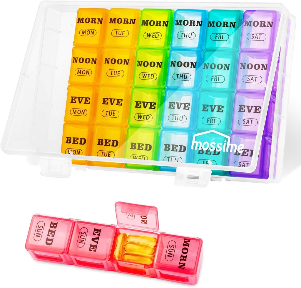 XL Gran organizador semanal de píldoras 4 veces al día, 7 días cajas de píldoras AM, Big Compartments Pill Case, Monthly Medication Organizer 28 días dispensador de aceites de pescado, Suplemento de sostenedor de vitaminas