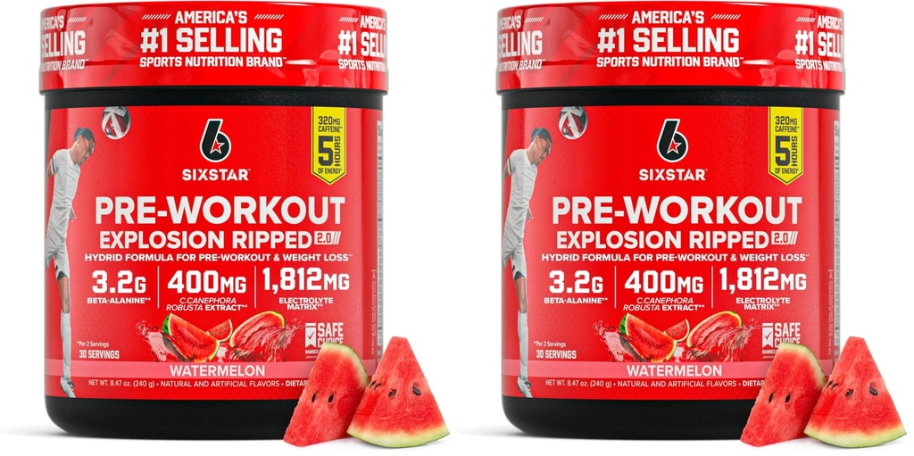 Explosión Pre-Workout de seis estrellas,Watermelon (30 servidos)-Preworkout Energy Powder Suplemento para Hombres Mujeres-Pre Workout Drink Mix with Creatine limitadaBeta Alanine-Sports Nutrition Products,(Pack of 2)