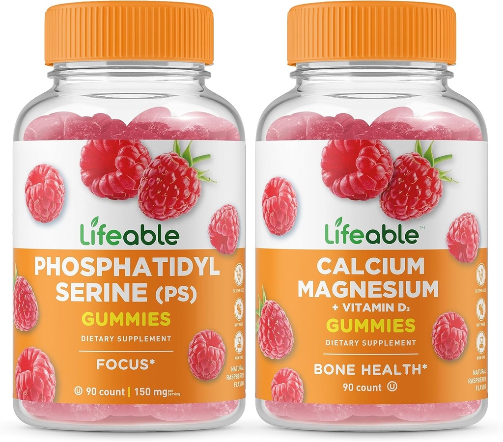 Phosphatidylserine (PS) + Magnesio de calcio, Bundle de Gummies - Gran Tasting, Suplemento de vitamina, Gluten Free, GMO Gratis, Chewable Gummy