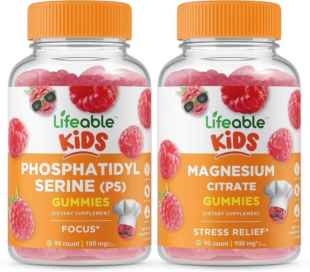 Phosphatidylserine (PS) Kids + Magnesium Kids, Gummies Bundle - Great Tasting, Vitamin Supplement, Gluten Free, GMO Free, Chewable Gummy