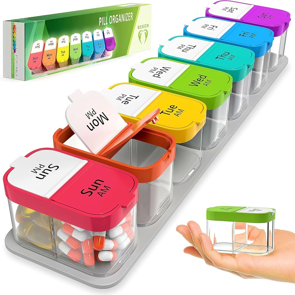 Extra Large Weekly Pill Organizer - XL Vitamin Holder con 7 Compartimientos de PM desmontables - Dispensador de Medicina Portátil para Home and Travel, Gran Contenedor de Suplemento para Uso Semanal o Diario, Arco Iris