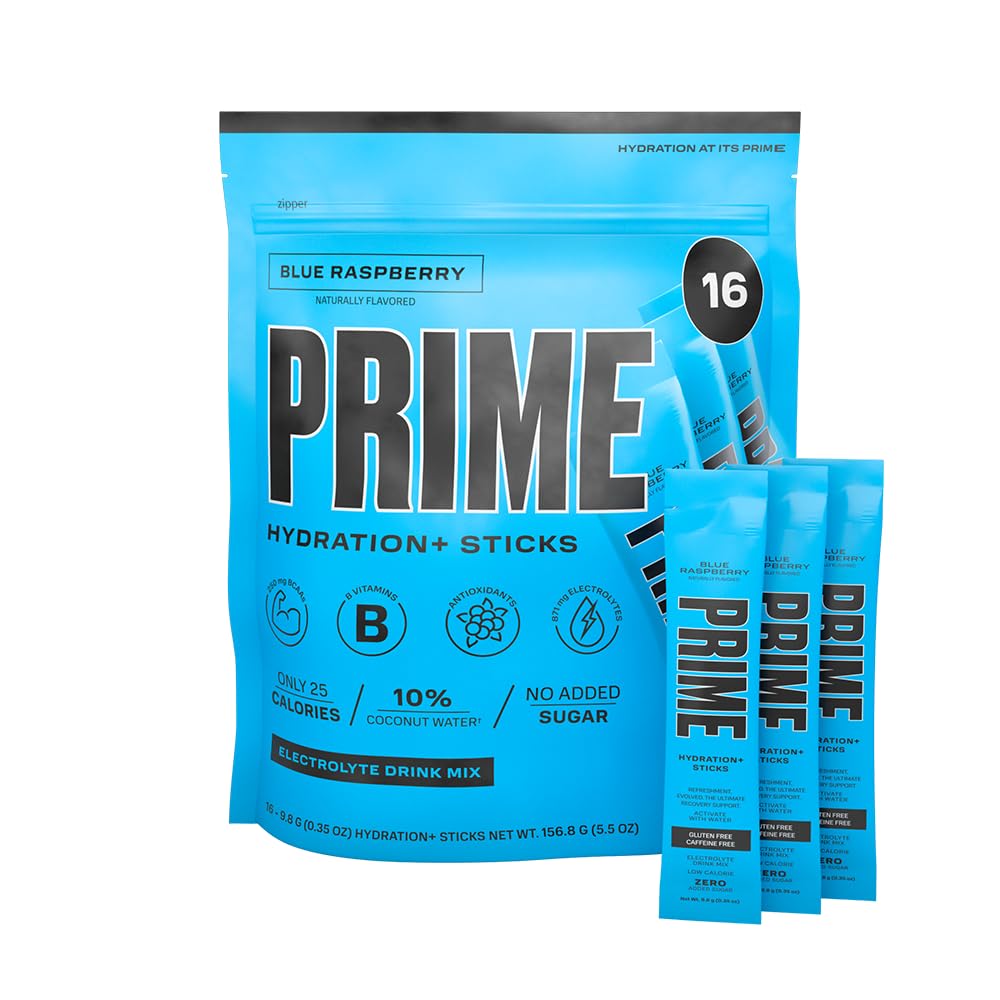 PRIME HYDRATION+ Sticks Blue Raspberry ← Hydration Powder Single Serve Sticks ← Electrolyte Powder On The Go ⋅ 250mg BCAAs, B Vitaminas, Antioxidantes TEN Low Sugar TEN Caffeine-Free TEN Vegan TEN 16 Sticks