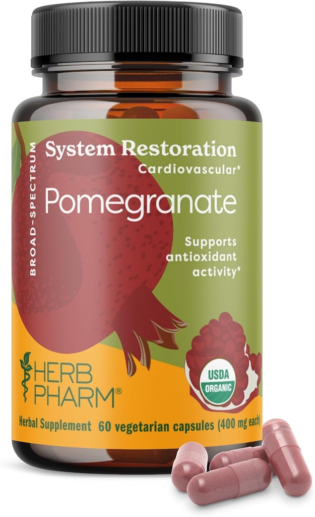 Herb Pharm USDA Organic Pomegranate Capsules for Heart Health Support ¦ Antioxidant Activity Support & Heart Health Supplement Certified Organic Pomegranate Extract ← 60 Vegan Capsules 30 Day Supply*